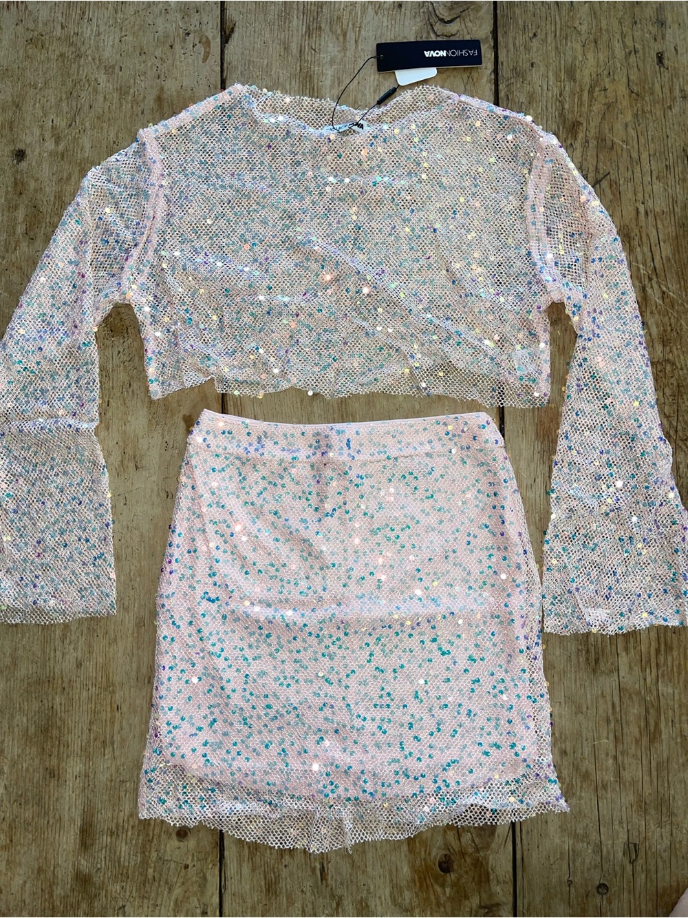 Fashion Nova Pink Iridescent Sequin Mesh Skirt Set